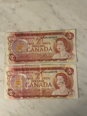 1974 pair Vintage Canada Two Dollar Bills